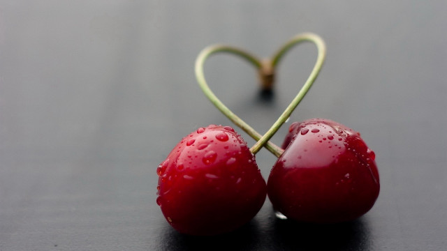 Cherry water droplets heart stem free wallpaper for desktop - medium preview image