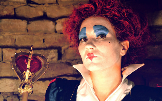 Redhair woman sword heart brickwall free wallpaper for desktop - medium preview image