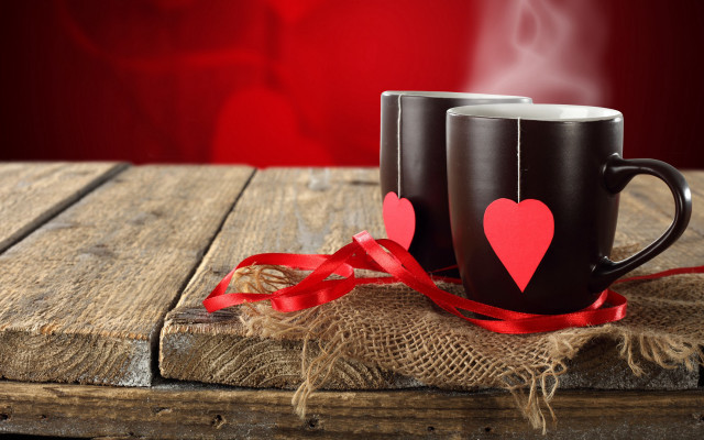 Coffee mugs hearts red ribbon free wallpaper for desktop - medium preview image