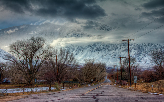 Mountain road cloudy sky trees free wallpaper for desktop - medium preview image
