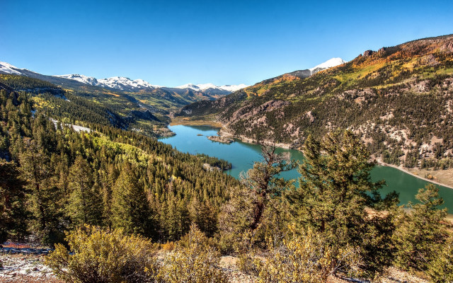 Lake mountains trees sky snow free wallpaper for desktop - medium preview image