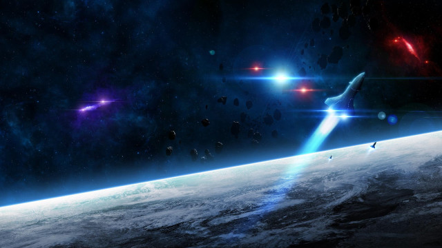 Space station rocket starfield planet free wallpaper for desktop - medium preview image