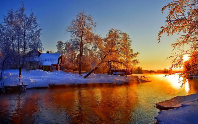 River house trees sunset winter free wallpaper for desktop - medium preview image