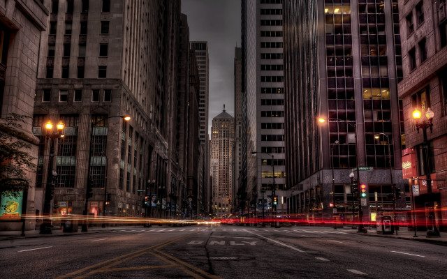 City street night lights skyscrapers free wallpaper for desktop - medium preview image