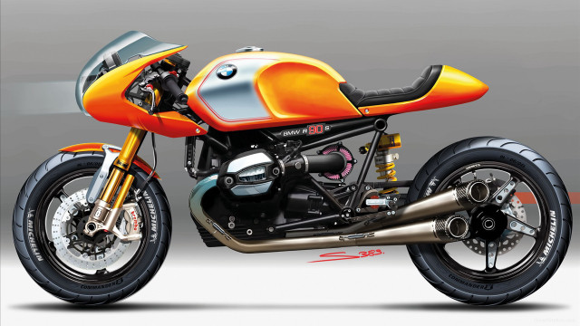 Motorcycle drawing silver background orange free wallpaper for desktop - medium preview image