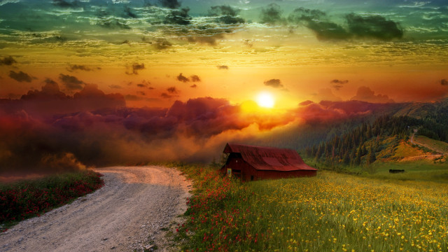 Red barn green field sunset #2 free wallpaper for desktop - medium preview image