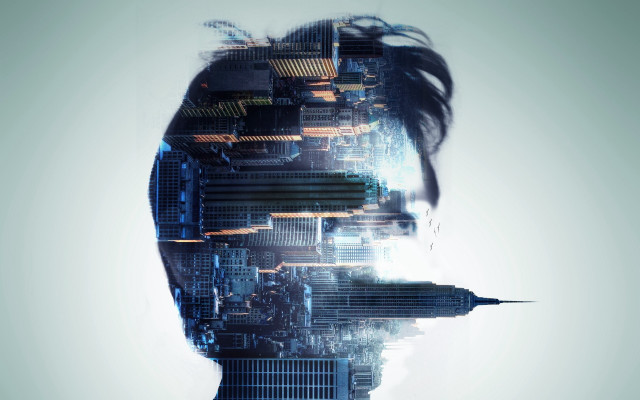 Futuristic man cityscape skyscraper reflection free wallpaper for desktop - medium preview image