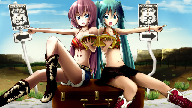 Anime girls suitcase road sign free wallpaper for desktop - medium preview image