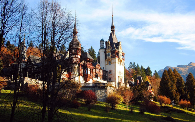 Castle tower clock hill trees free wallpaper for desktop - medium preview image