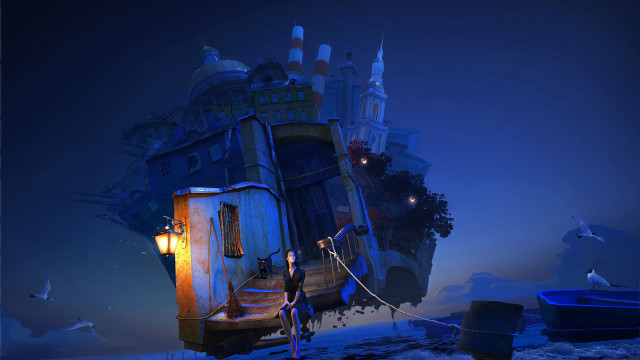 House boat man bridge city free wallpaper for desktop - medium preview image