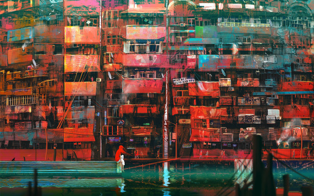 Cyberpunk street scene tokyo architecture free wallpaper for desktop - medium preview image