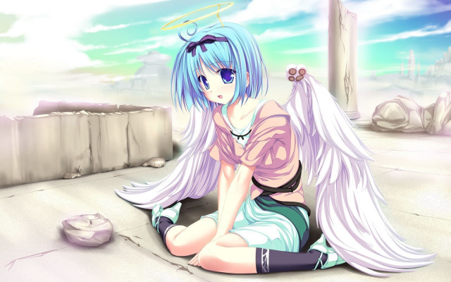 Blue hair angel girl cat free wallpaper for desktop - medium preview image