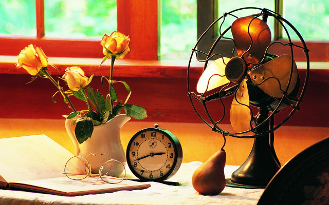 Table clock roses book window free wallpaper for desktop - medium preview image