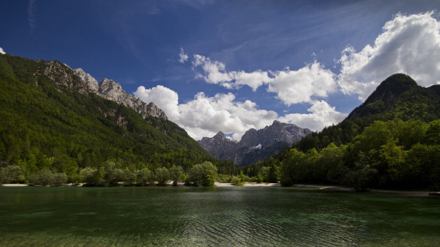 River mountains trees cloudy sky #2 free wallpaper for desktop - medium preview image