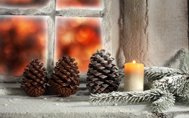 Candle pinecones mantle window brick free wallpaper for desktop - medium preview image