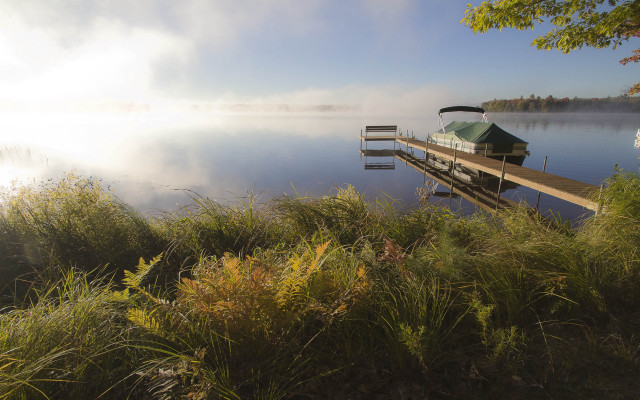 Lake dock boat fog trees free wallpaper for desktop - medium preview image