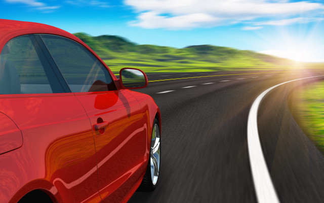 Red car road bright sun free wallpaper for desktop - medium preview image