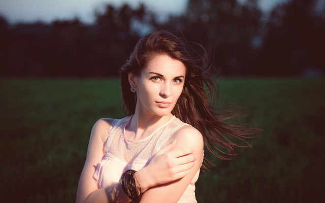 Woman long hair field crossed free wallpaper for desktop - medium preview image