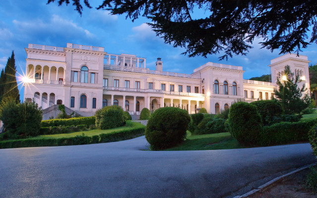 White building trees night panorama free wallpaper for desktop - medium preview image