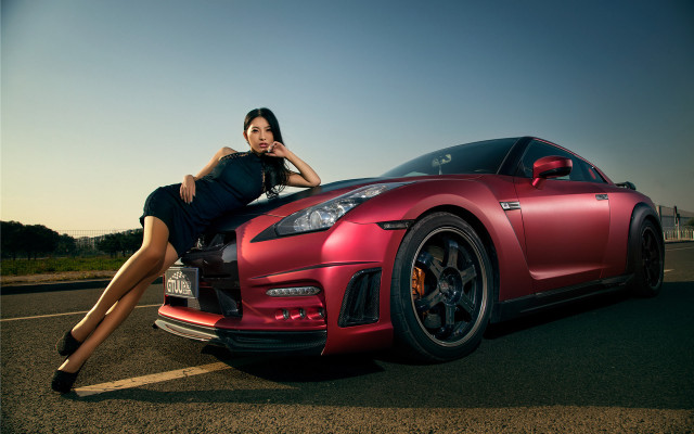 Woman red sports car road free wallpaper for desktop - medium preview image