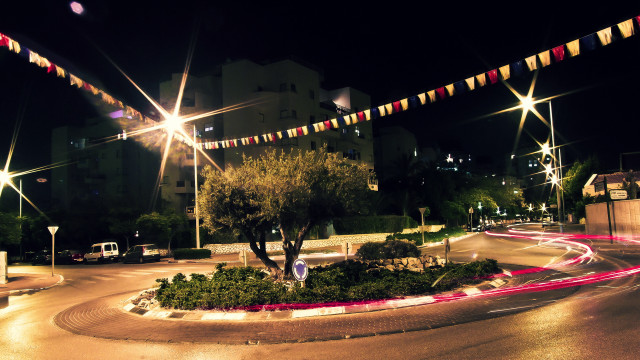 Night cityscape light trails tree free wallpaper for desktop - medium preview image