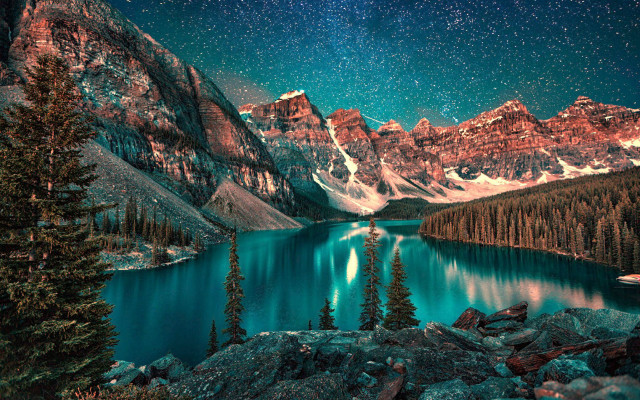 Lake mountains night sky forest free wallpaper for desktop - medium preview image