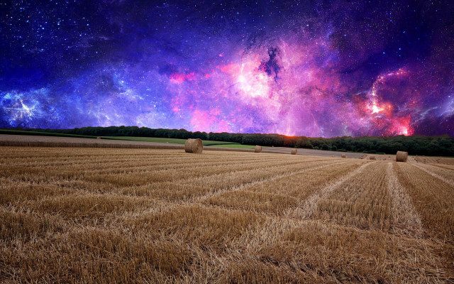 Field haybales night sky stars free wallpaper for desktop - medium preview image