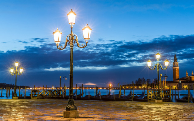 Streetlight stonewalkway water night cloudy free wallpaper for desktop - medium preview image