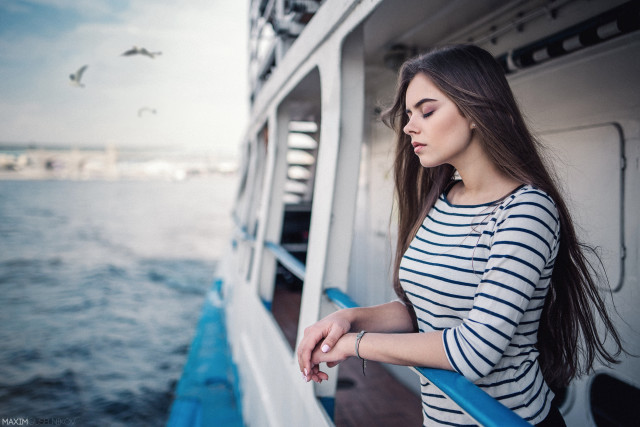 Woman boat water seagulls flying free wallpaper for desktop - medium preview image