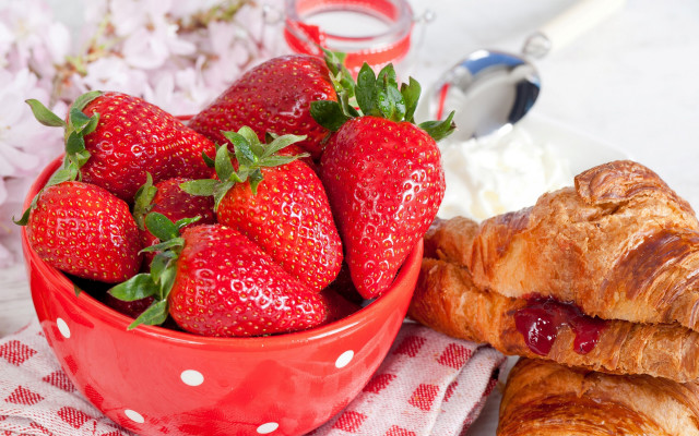 Bowl strawberries croissants milk food free wallpaper for desktop - medium preview image