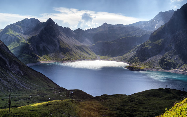 Lake mountains green field fence free wallpaper for desktop - medium preview image