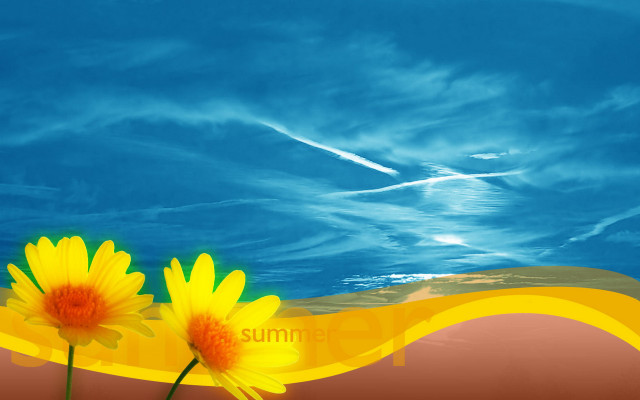 Yellow flowers vase summer beach free wallpaper for desktop - medium preview image
