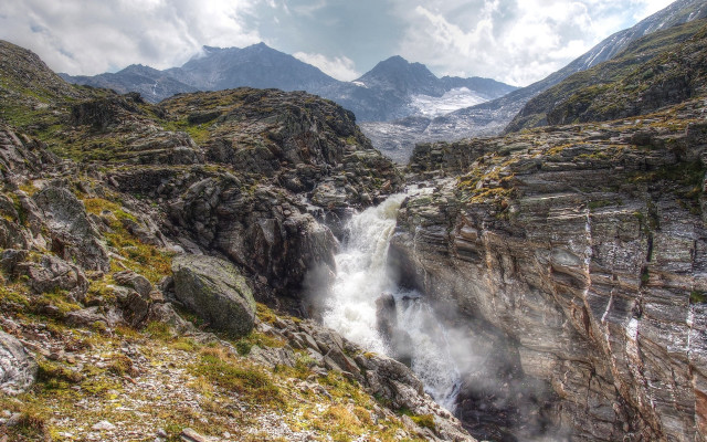 Waterfall mountain snowy horizon city free wallpaper for desktop - medium preview image