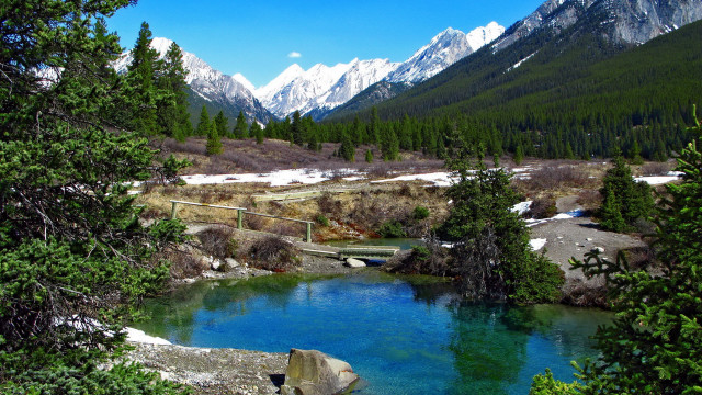 Blue lake mountains bridge nature free wallpaper for desktop - medium preview image