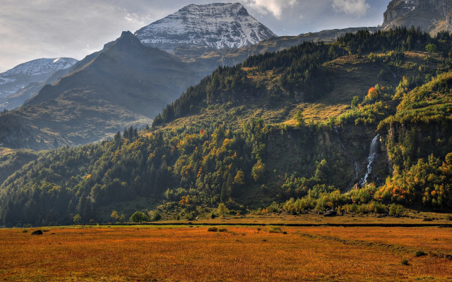 Mountain waterfall forest city lights free wallpaper for desktop - medium preview image