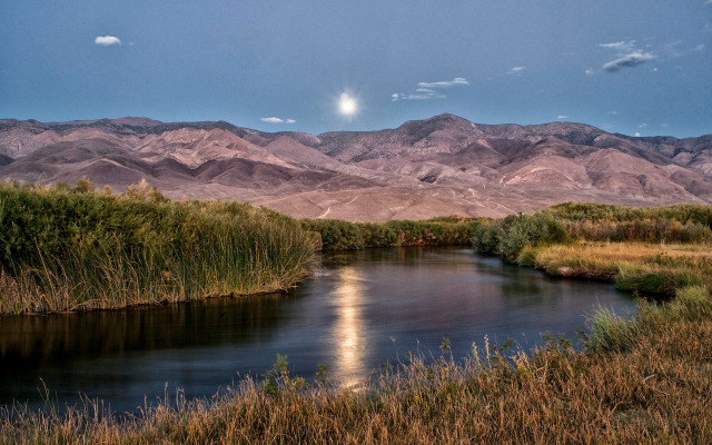 River mountain moon sky field free wallpaper for desktop - medium preview image