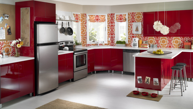 Kitchen red cabinets silver fridge free wallpaper for desktop - medium preview image
