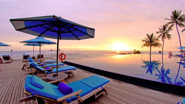 Lounge chairs pool deck sunset free wallpaper for desktop - medium preview image