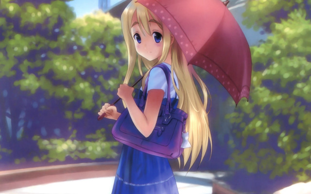 Girl red umbrella blue dress free wallpaper for desktop - medium preview image