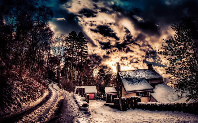 Snowy forest house train track free wallpaper for desktop - medium preview image