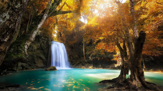 Waterfall forest blue pool autumn #2 free wallpaper for desktop - medium preview image
