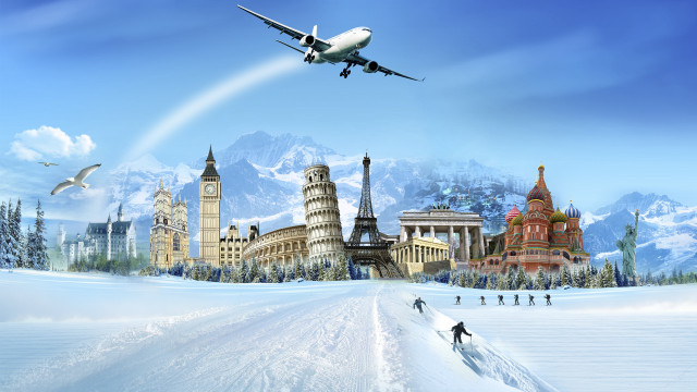 Snowy landscape plane city mountains free wallpaper for desktop - medium preview image