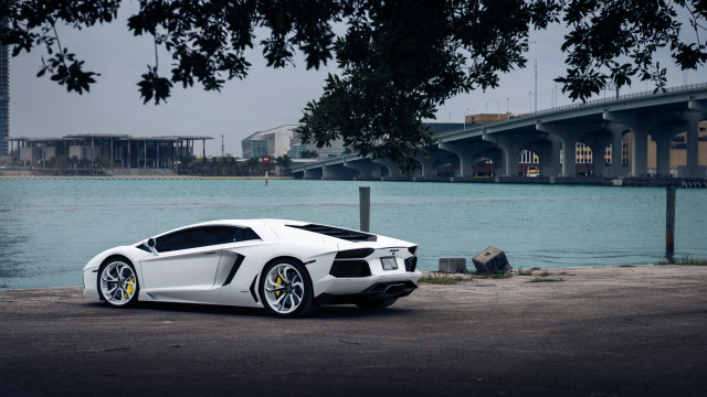 White sports car water bridge free wallpaper for desktop - medium preview image