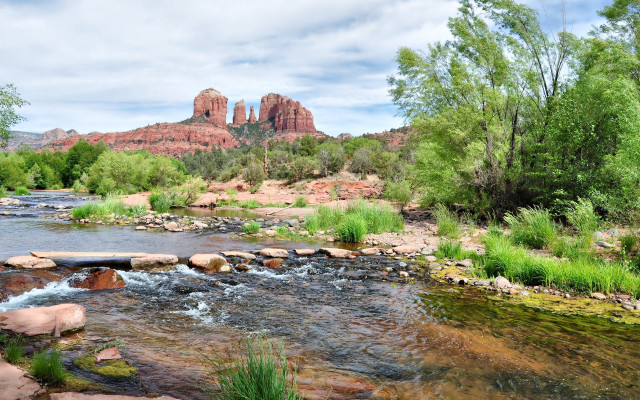 River forest mountains lush landscape free wallpaper for desktop - medium preview image