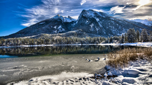 Snowy mountains lake birds forest free wallpaper for desktop - medium preview image