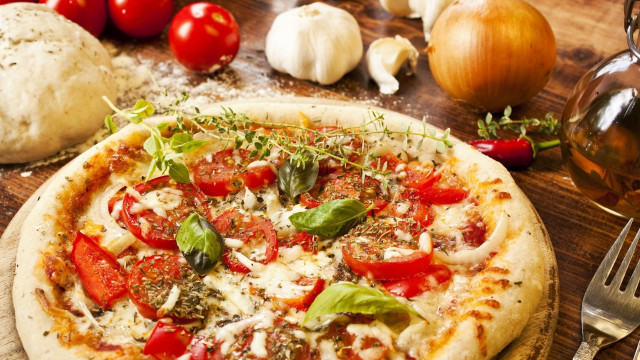 Pizza tomatoes basil cheese wooden free wallpaper for desktop - medium preview image