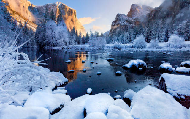 River snow mountains trees sky free wallpaper for desktop - medium preview image