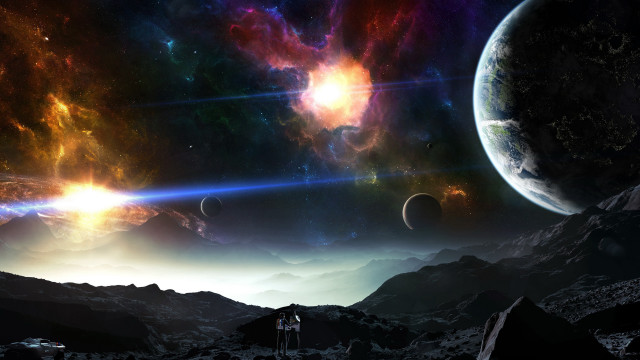 Space man planet mountains night free wallpaper for desktop - medium preview image