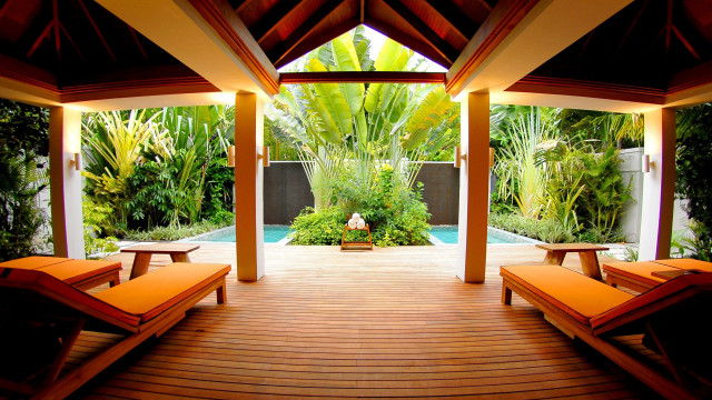 Covered patio pool trees plants free wallpaper for desktop - medium preview image