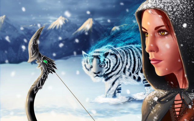 Woman bow white tiger snow free wallpaper for desktop - medium preview image